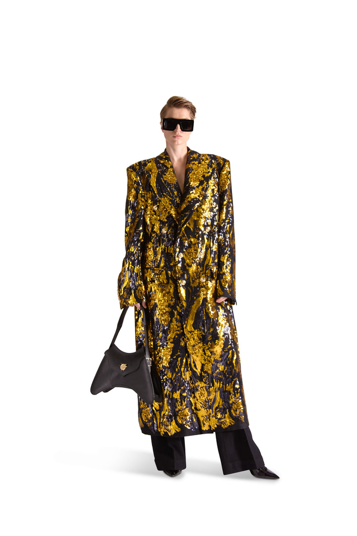 Hand Embroidered Peak Lapel Double Breasted Long Coat